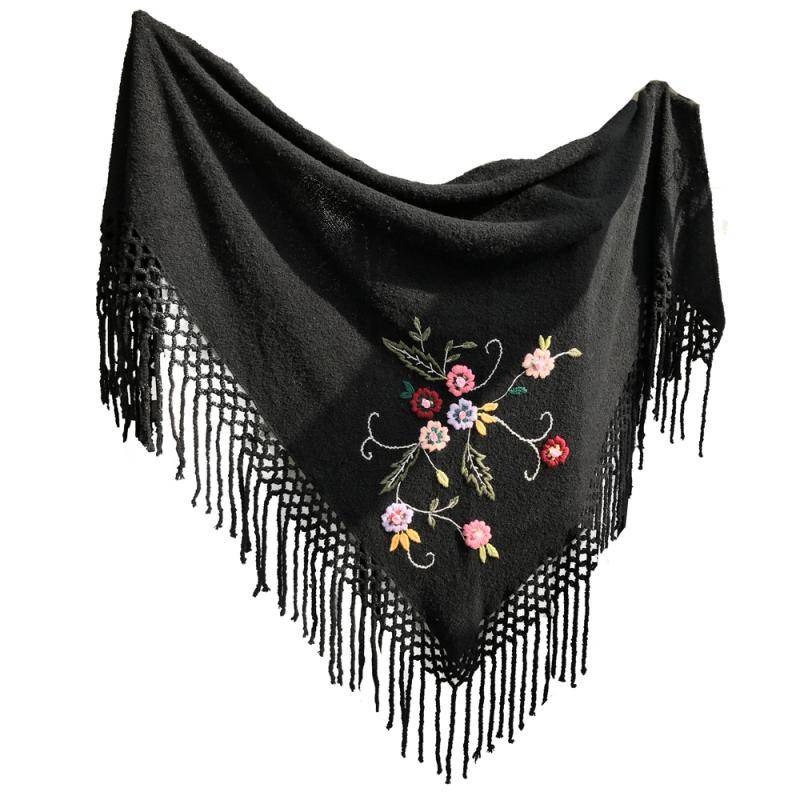 Châle noir broderie bouquet de fleurs Châle noir broderie bouquet de fleurs