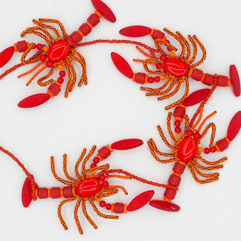 Lobster Earrings Beaded Rhinestones Coral Red Crustacean Jewelry 