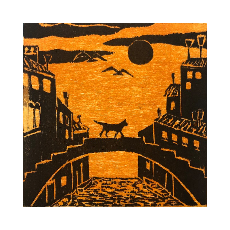 “Venice, kitten on the bridge” - Woodcut