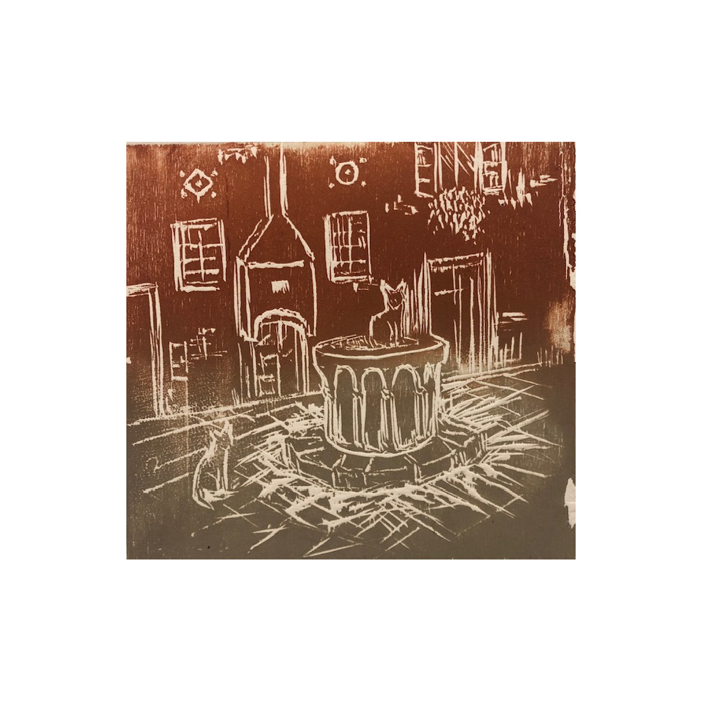 “Two cats and well'' - 木刻版画