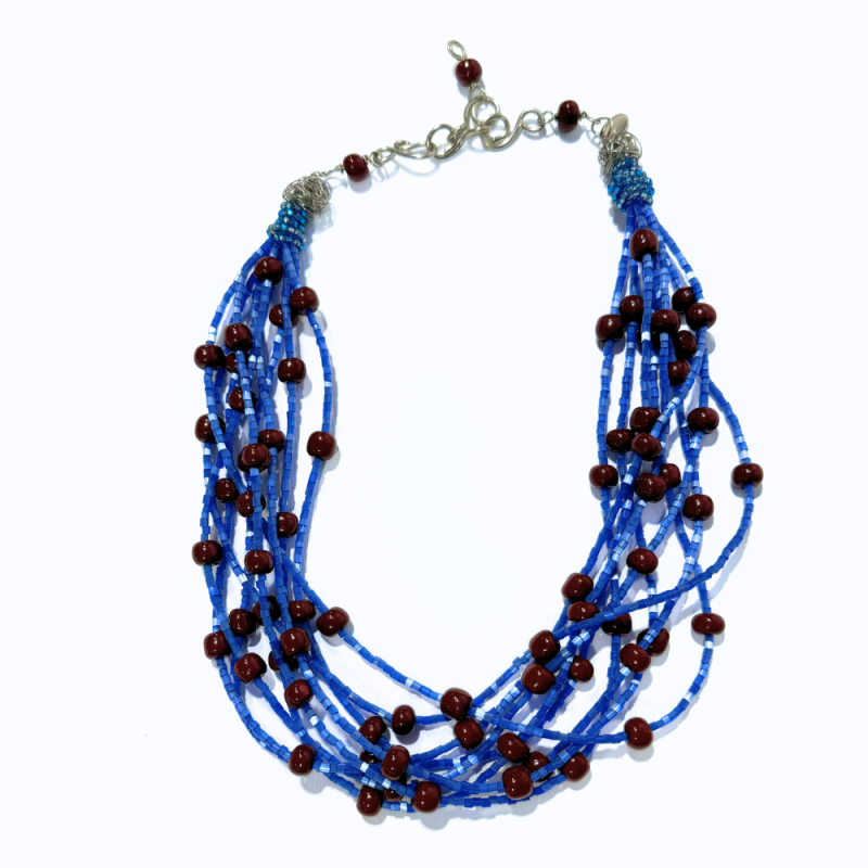 Collar de seda azul y marrón quemado